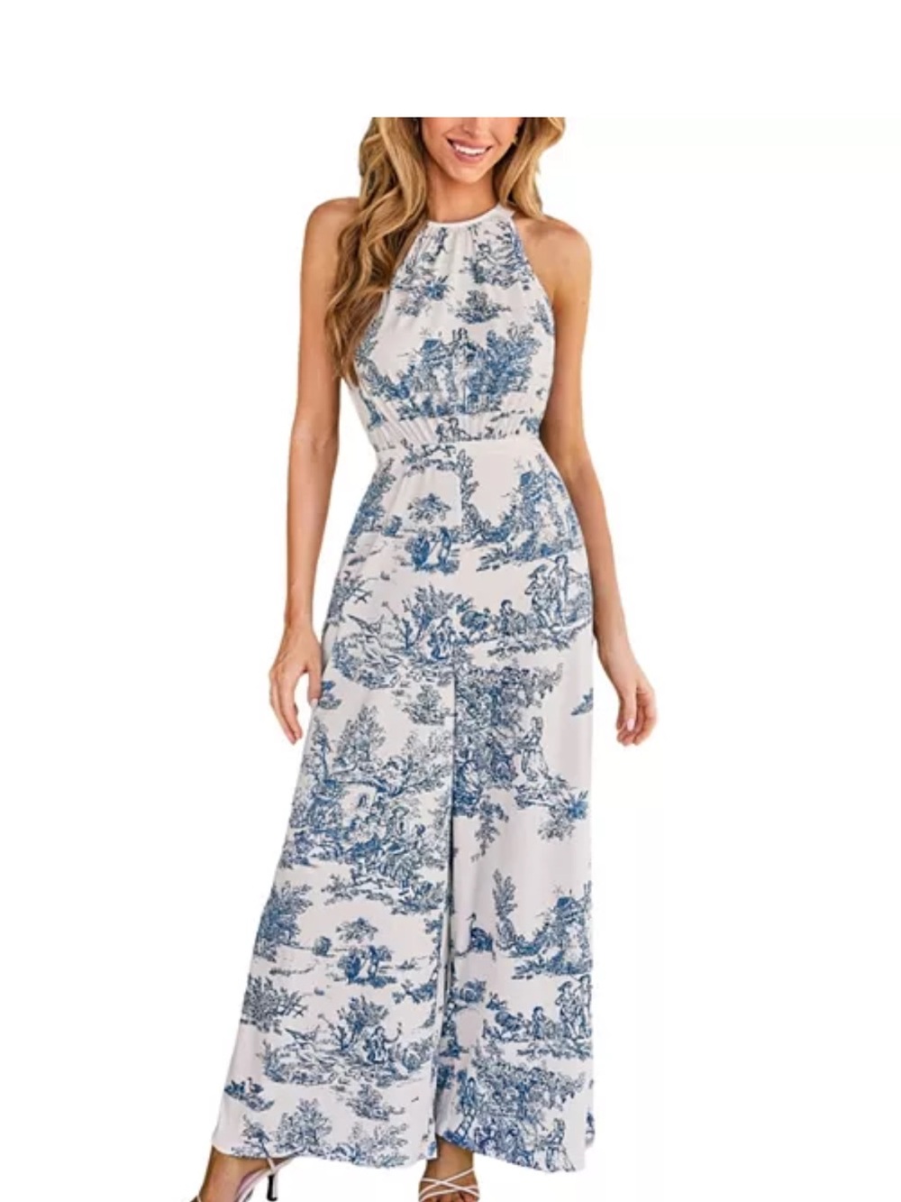Cupshe White and Blue Halter-Neck Wide-Leg Jumpsuit